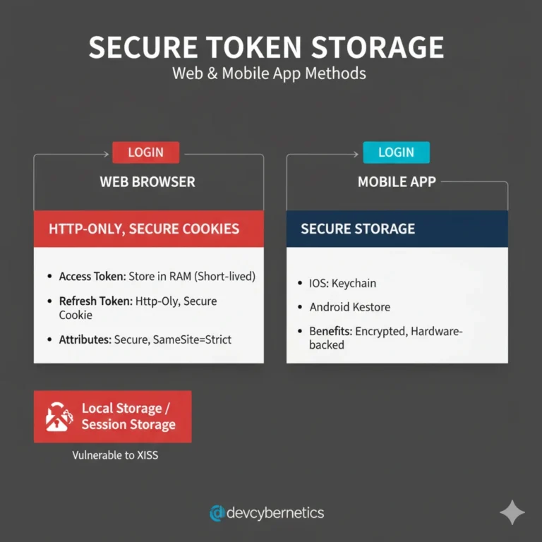 نمایش انواع ذخیره سازی امن توکن ها، کوکی HttpOnly و ذخیره سازی موبایل در JWT و refresh token