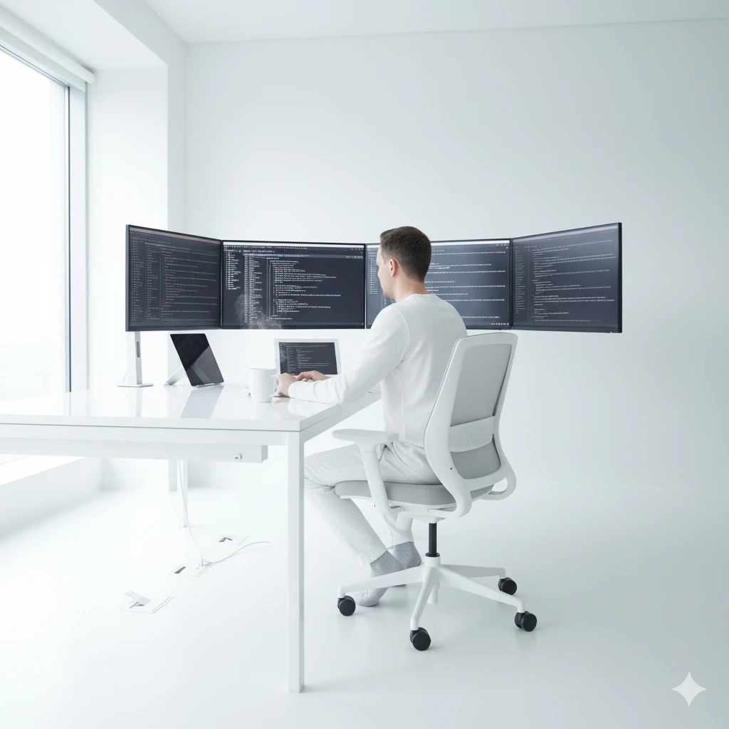 برنامهنویس در حال کار در میز کار مینیمالیستی سفید و مدرن با چندین مانیتور